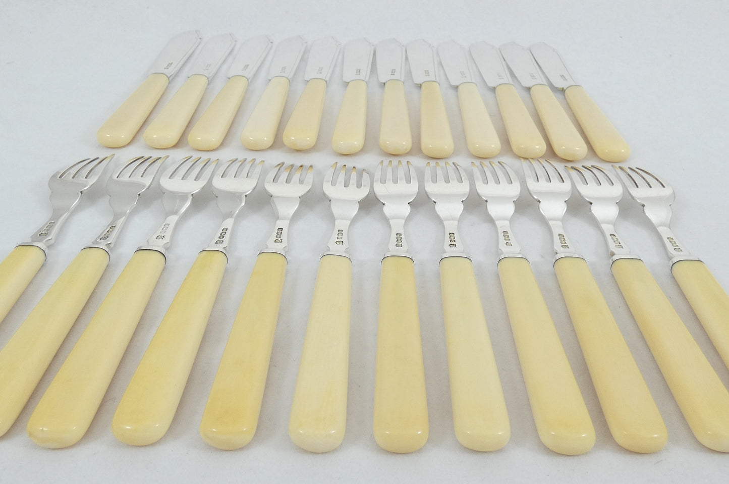 Antique Art Deco 1933 Set 24 Sterling Silver Fish Dessert Knives Forks Cutlery