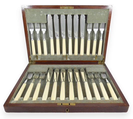 Antique Art Deco 1933 Set 24 Sterling Silver Fish Dessert Knives Forks Cutlery