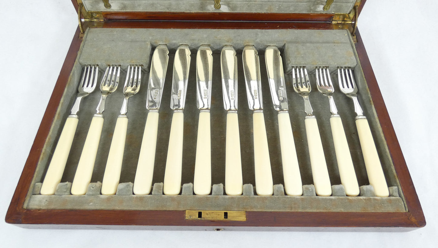 Antique Art Deco 1933 Set 24 Sterling Silver Fish Dessert Knives Forks Cutlery