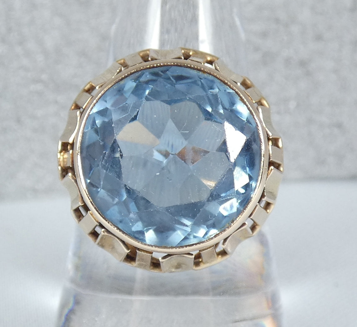 Vintage Polish Solid 14ct Yellow Gold Blue Spinel Cocktail Ring 9.5 S 60 10gm