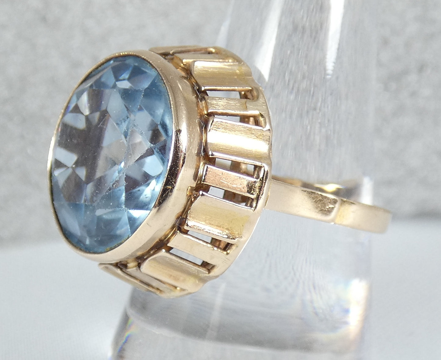 Vintage Polish Solid 14ct Yellow Gold Blue Spinel Cocktail Ring 9.5 S 60 10gm