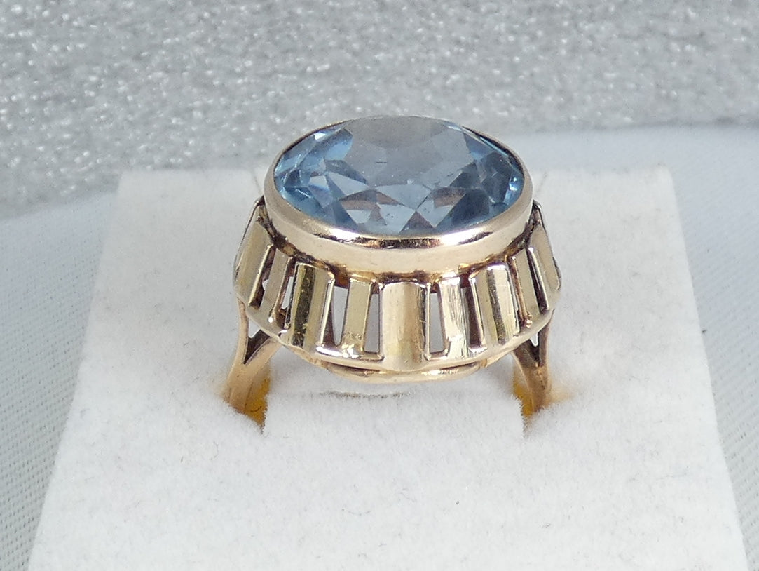 Vintage Polish Solid 14ct Yellow Gold Blue Spinel Cocktail Ring 9.5 S 60 10gm