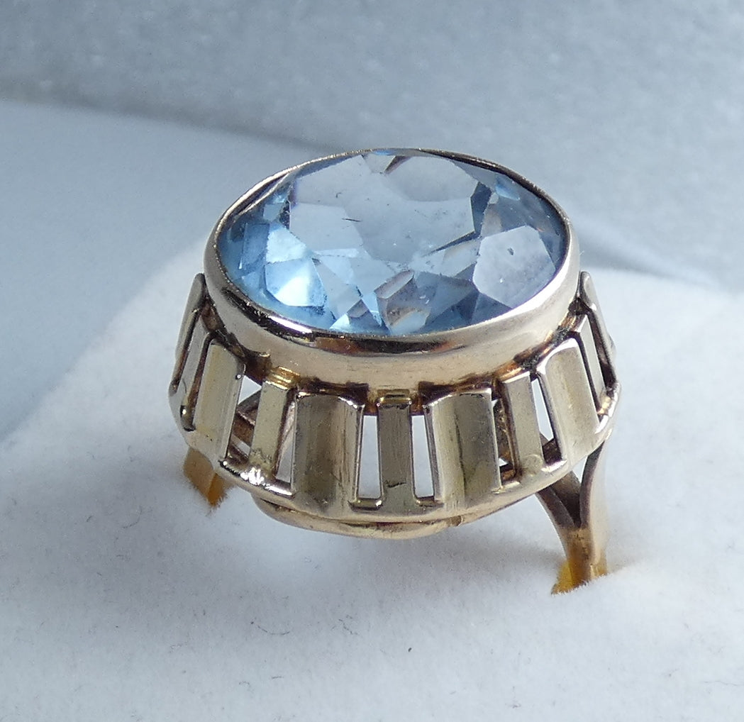 Vintage Polish Solid 14ct Yellow Gold Blue Spinel Cocktail Ring 9.5 S 60 10gm