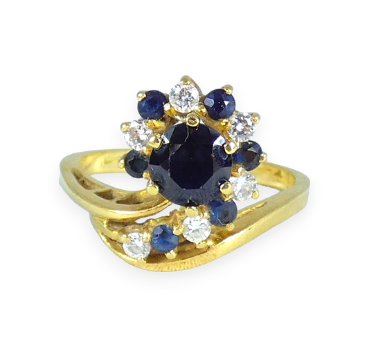 Vintage Solid 18ct Yellow Gold Sapphire & Diamond Dress Ring Size 6.5 M 52