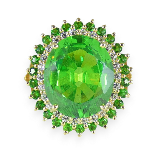 Solid 14ct Yellow Gold Green Peridot Cocktail Cluster Dress Ring Size 10 T 61