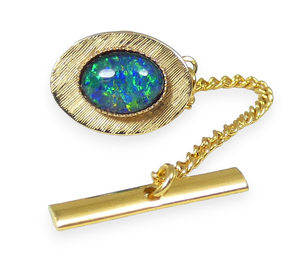 Vintage Solid 9ct Yellow Gold & Black Opal 15mm Tie Tack Collar Pin Brooch 375