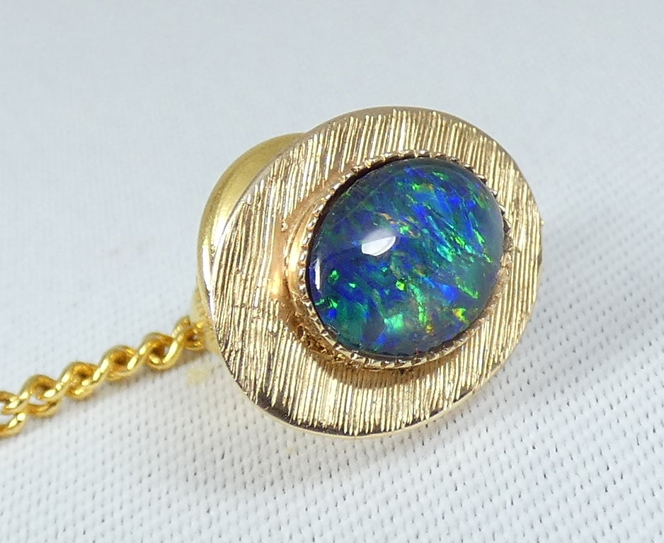 Vintage Solid 9ct Yellow Gold & Black Opal 15mm Tie Tack Collar Pin Brooch 375