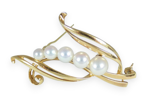 Vintage Large Solid 14ct Yellow Gold Mikimoto 5 Akoya Pearl Brooch Pin Japan 585