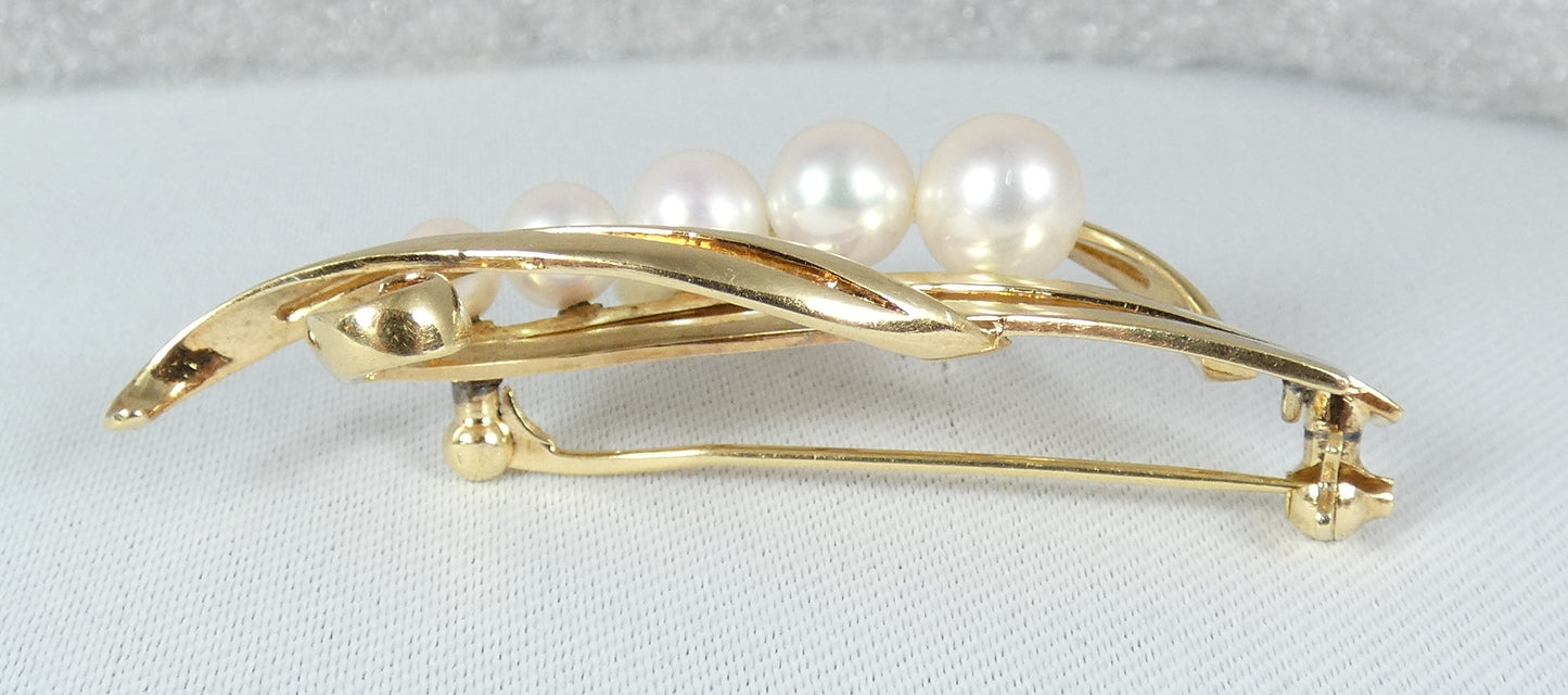 Vintage Large Solid 14ct Yellow Gold Mikimoto 5 Akoya Pearl Brooch Pin Japan 585
