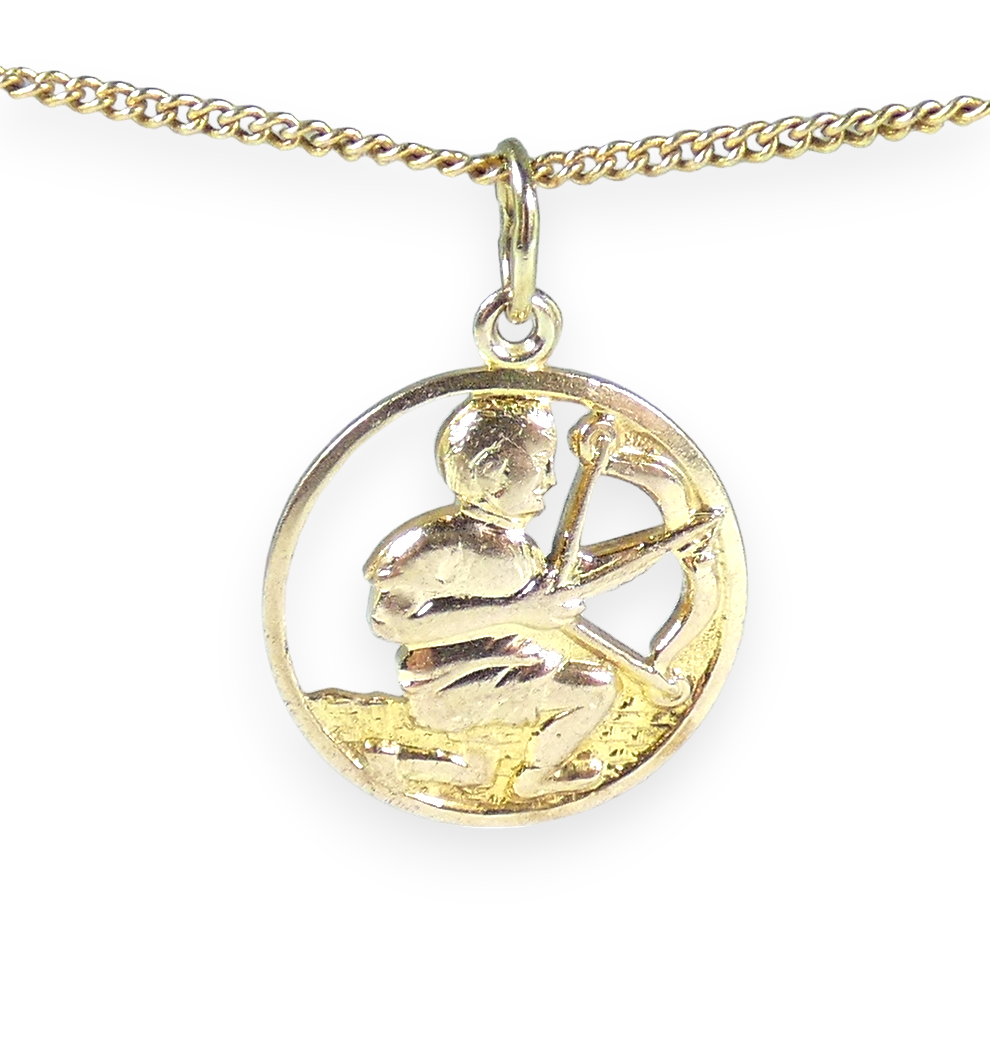 Solid 9ct Yellow Gold Sagittarius Zodiac Archer Bow Arrow Necklace Pendant Charm