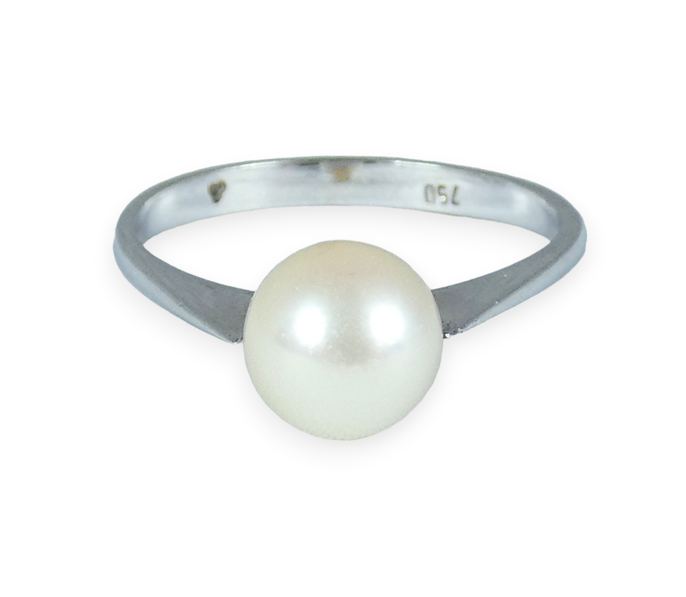 Vintage Solid 18ct White Gold 7mm Natural Pearl Solitaire Dress Ring Size 8 P 56