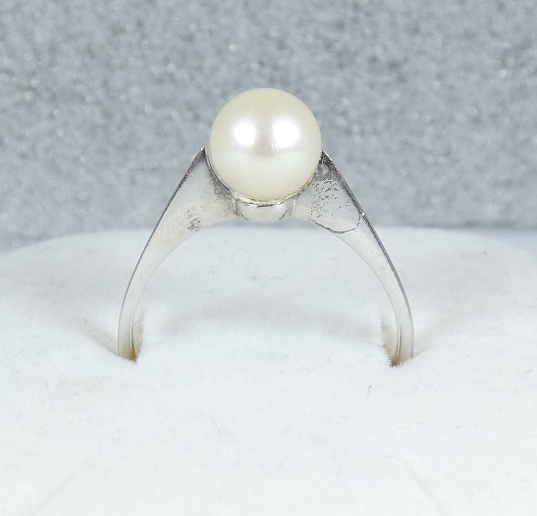 Vintage Solid 18ct White Gold 7mm Natural Pearl Solitaire Dress Ring Size 8 P 56