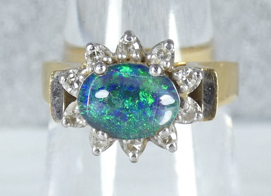 Vintage Solid 18ct Yellow Gold Opal & Diamond Flower Dress Ring Size 7 N 54 Pall