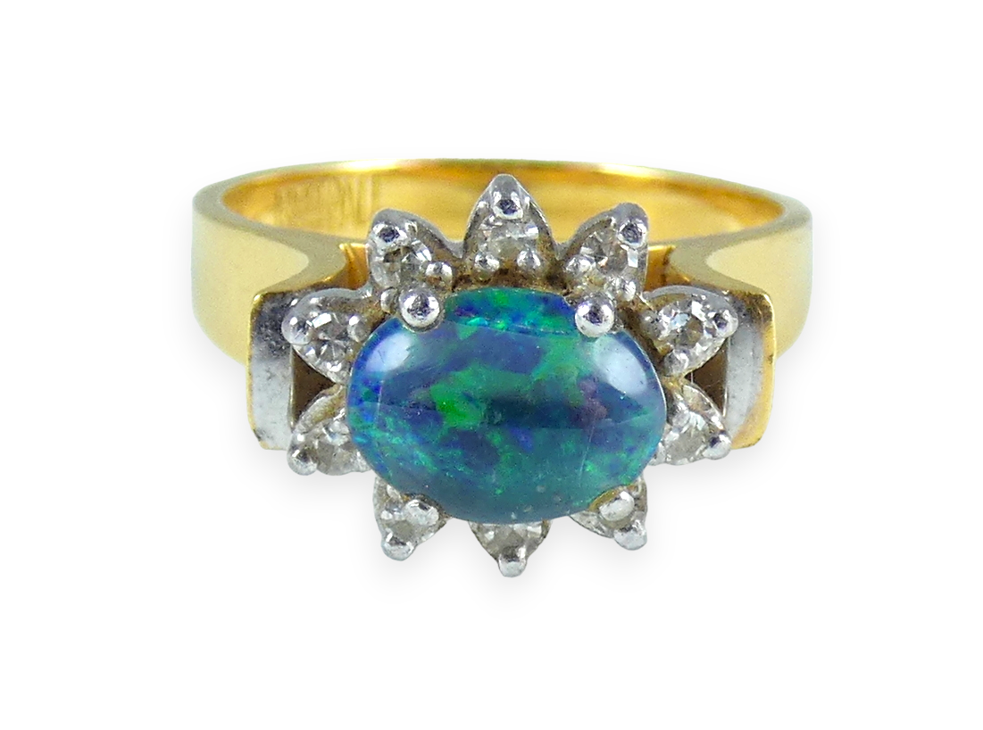 Vintage Solid 18ct Yellow Gold Opal & Diamond Flower Dress Ring Size 7 N 54 Pall