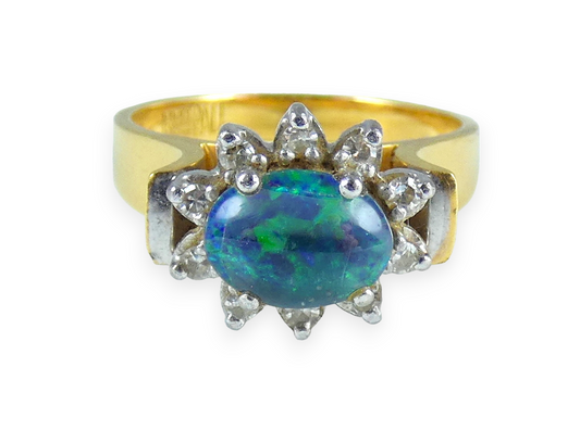 Vintage Solid 18ct Yellow Gold Opal & Diamond Flower Dress Ring Size 7 N 54 Pall