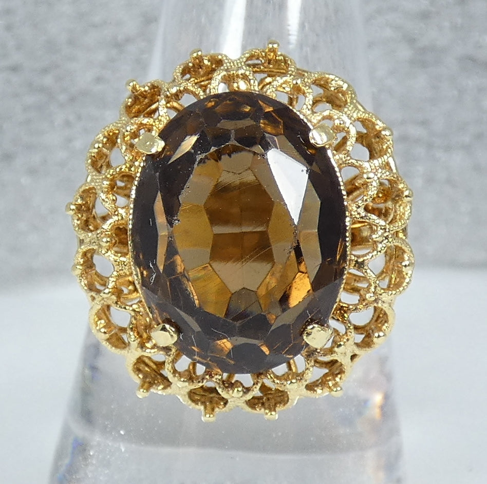 Vintage Italian Solid 18ct Yellow Gold Smoky Quartz Cocktail Ring Size 9 R 59
