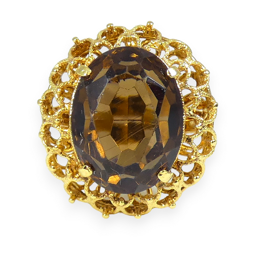 Vintage Italian Solid 18ct Yellow Gold Smoky Quartz Cocktail Ring Size 9 R 59