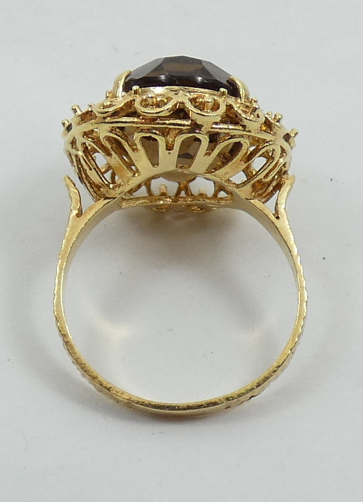 Vintage Italian Solid 18ct Yellow Gold Smoky Quartz Cocktail Ring Size 9 R 59