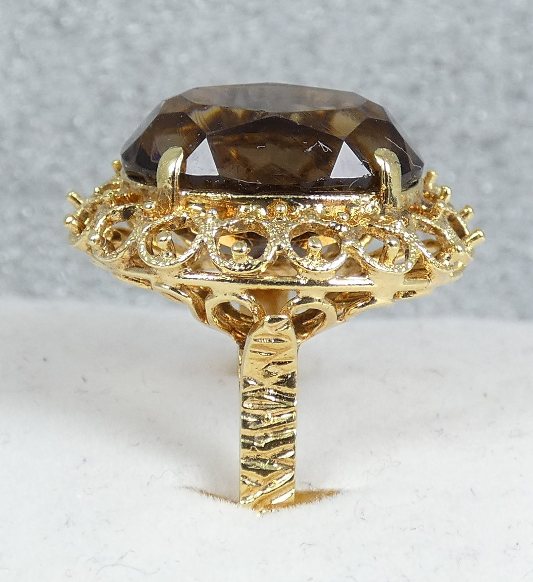 Vintage Italian Solid 18ct Yellow Gold Smoky Quartz Cocktail Ring Size 9 R 59