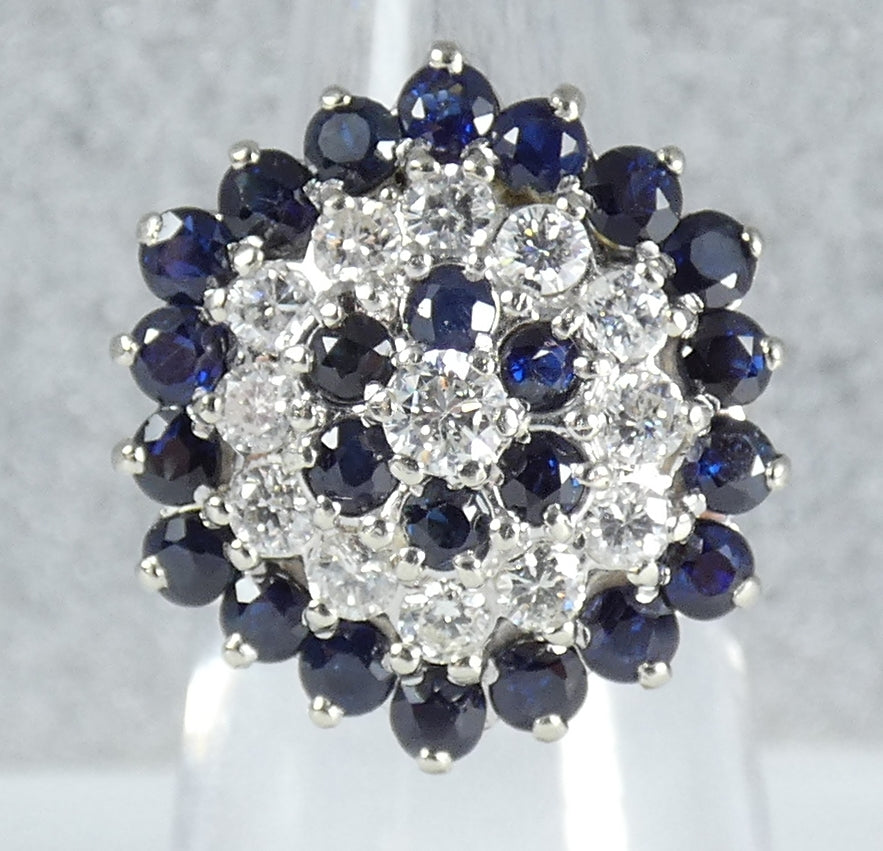 English Solid 18ct Yellow Gold Diamond & Sapphire Cluster Cocktail Ring 5 J 49