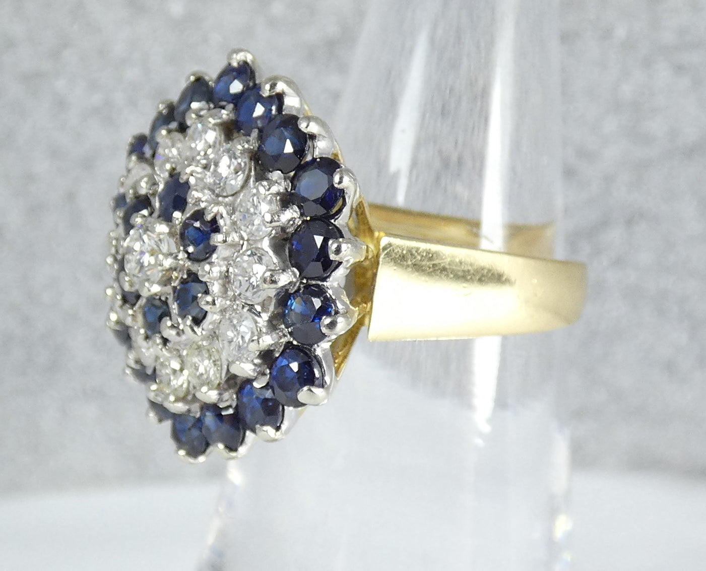 English Solid 18ct Yellow Gold Diamond & Sapphire Cluster Cocktail Ring 5 J 49