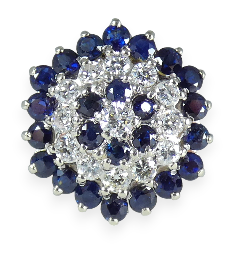 English Solid 18ct Yellow Gold Diamond & Sapphire Cluster Cocktail Ring 5 J 49