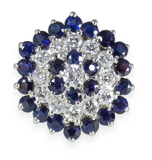 English Solid 18ct Yellow Gold Diamond & Sapphire Cluster Cocktail Ring 5 J 49