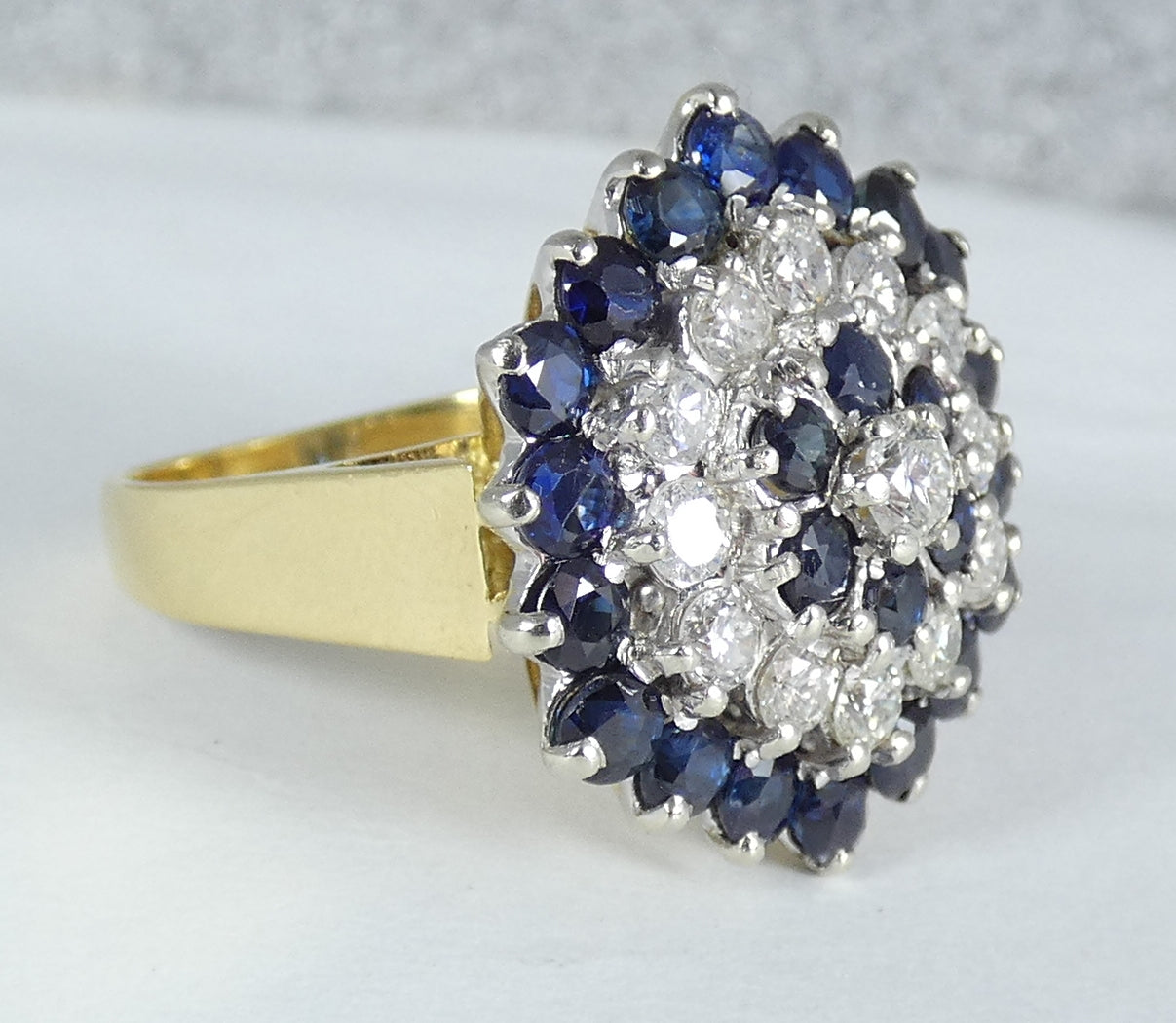English Solid 18ct Yellow Gold Diamond & Sapphire Cluster Cocktail Ring 5 J 49