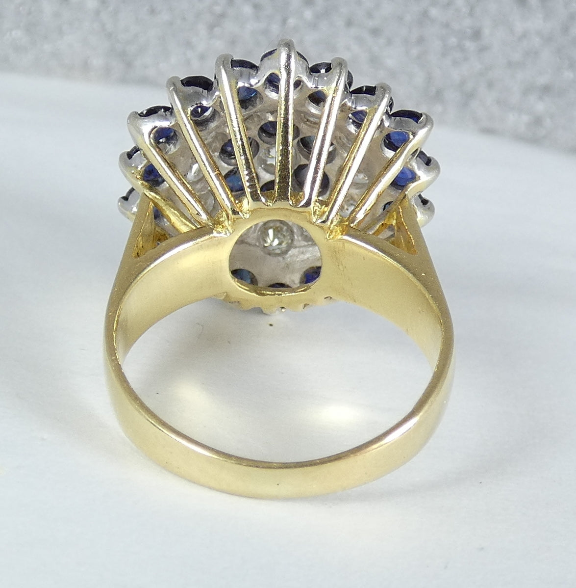 English Solid 18ct Yellow Gold Diamond & Sapphire Cluster Cocktail Ring 5 J 49
