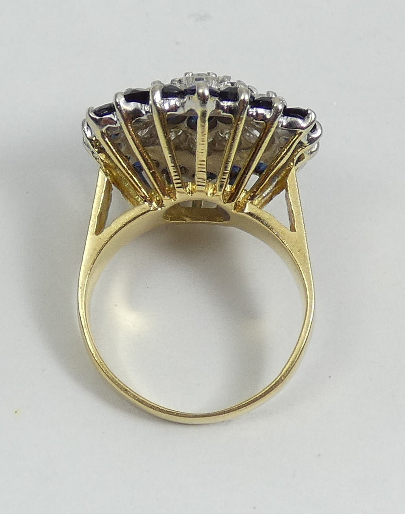 English Solid 18ct Yellow Gold Diamond & Sapphire Cluster Cocktail Ring 5 J 49