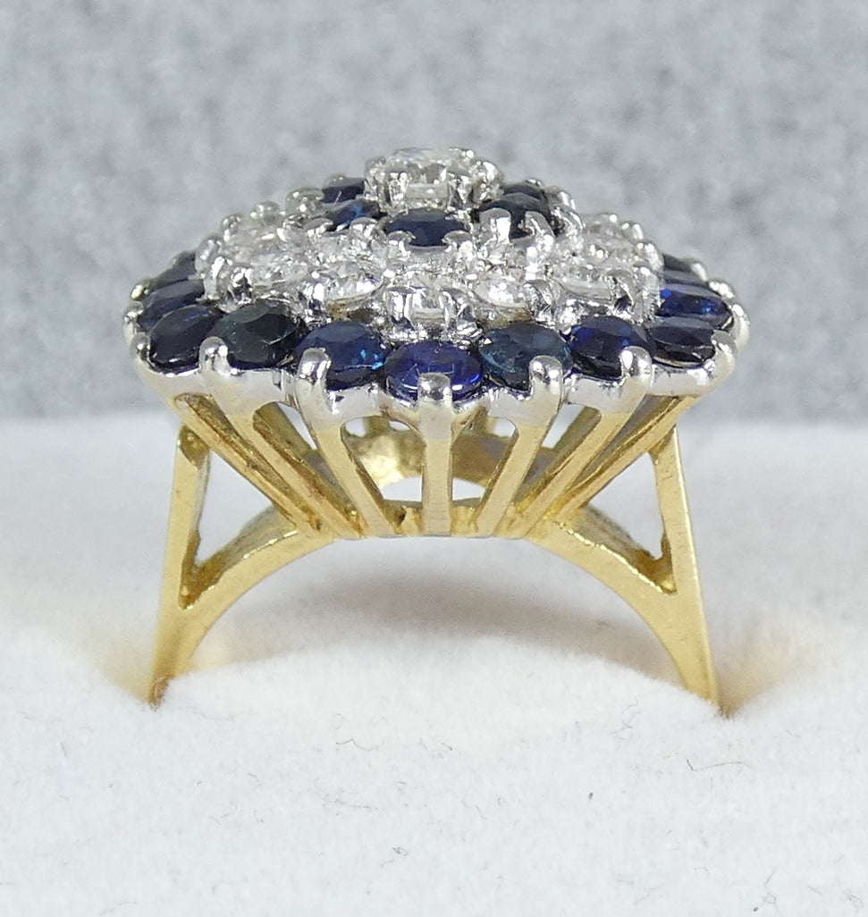 English Solid 18ct Yellow Gold Diamond & Sapphire Cluster Cocktail Ring 5 J 49