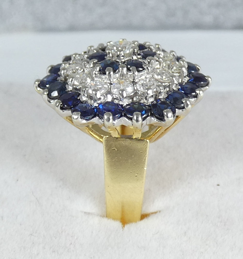 English Solid 18ct Yellow Gold Diamond & Sapphire Cluster Cocktail Ring 5 J 49