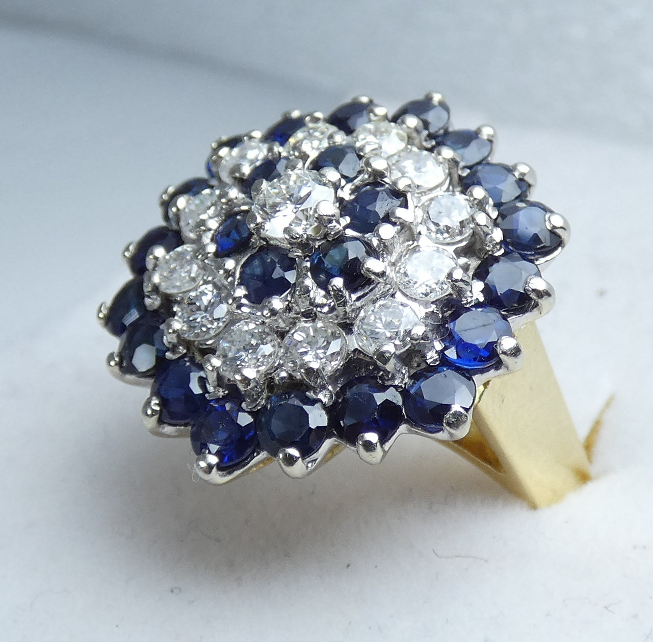 English Solid 18ct Yellow Gold Diamond & Sapphire Cluster Cocktail Ring 5 J 49