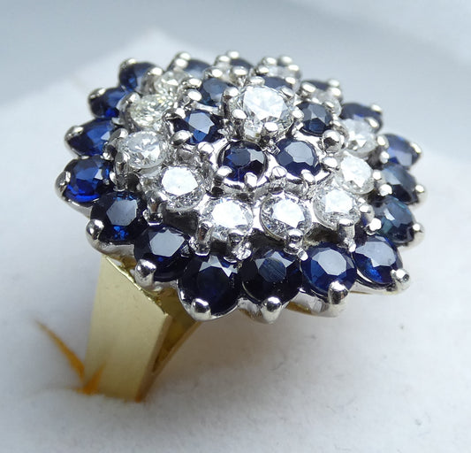 English Solid 18ct Yellow Gold Diamond & Sapphire Cluster Cocktail Ring 5 J 49