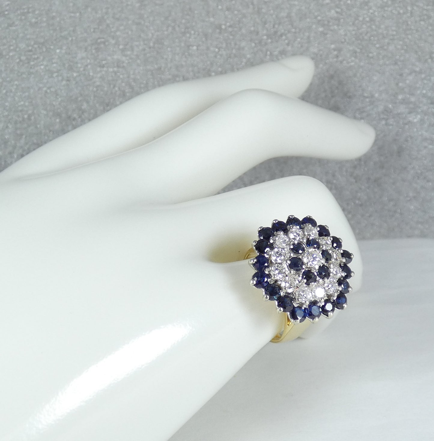 English Solid 18ct Yellow Gold Diamond & Sapphire Cluster Cocktail Ring 5 J 49