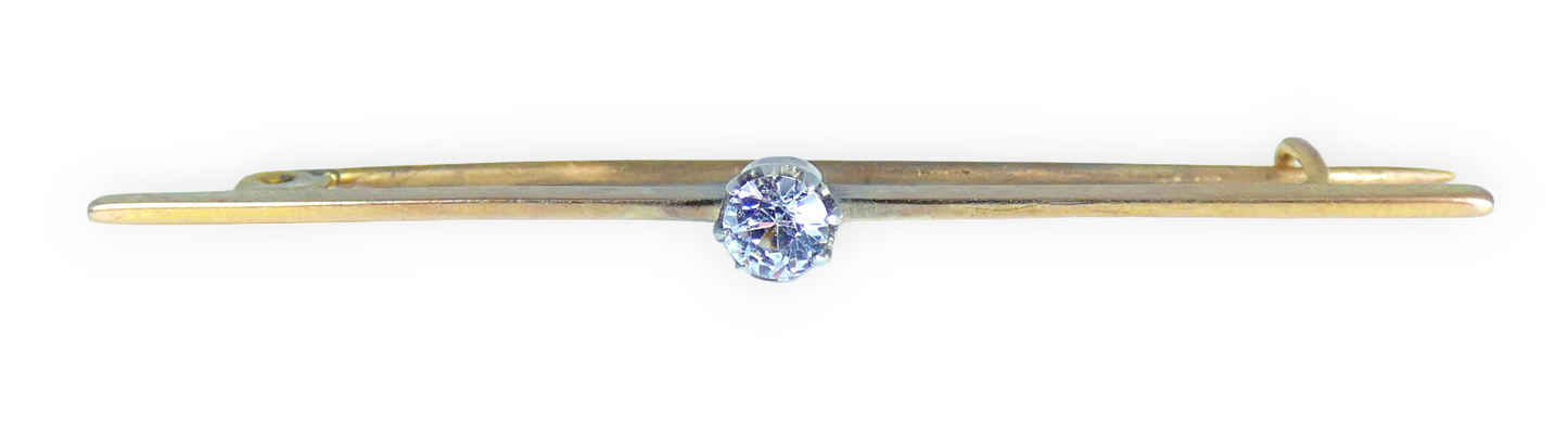 Antique Vintage Solid 9ct Yellow Gold White Sapphire Solitaire Bar Brooch Pin