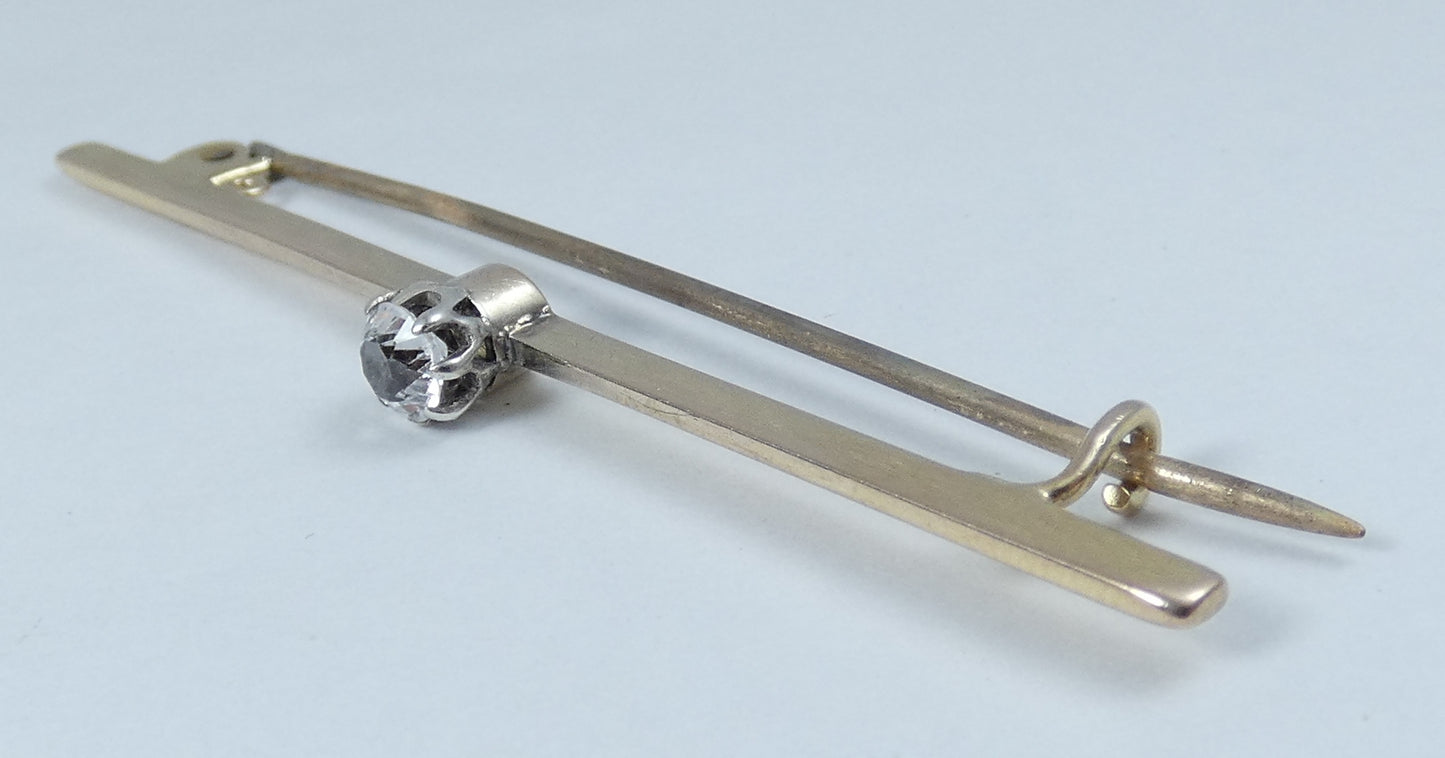 Antique Vintage Solid 9ct Yellow Gold White Sapphire Solitaire Bar Brooch Pin