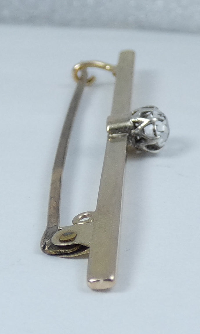 Antique Vintage Solid 9ct Yellow Gold White Sapphire Solitaire Bar Brooch Pin