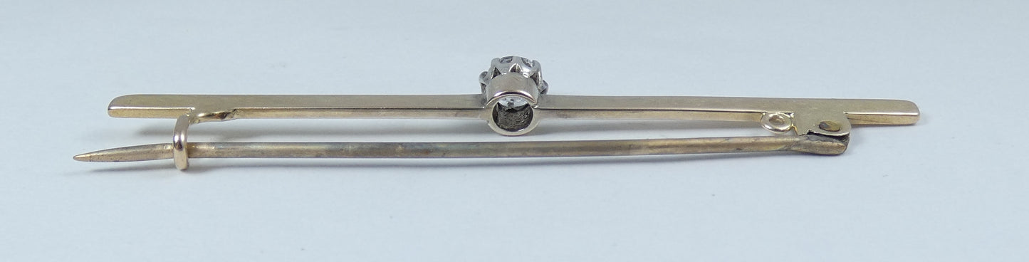 Antique Vintage Solid 9ct Yellow Gold White Sapphire Solitaire Bar Brooch Pin