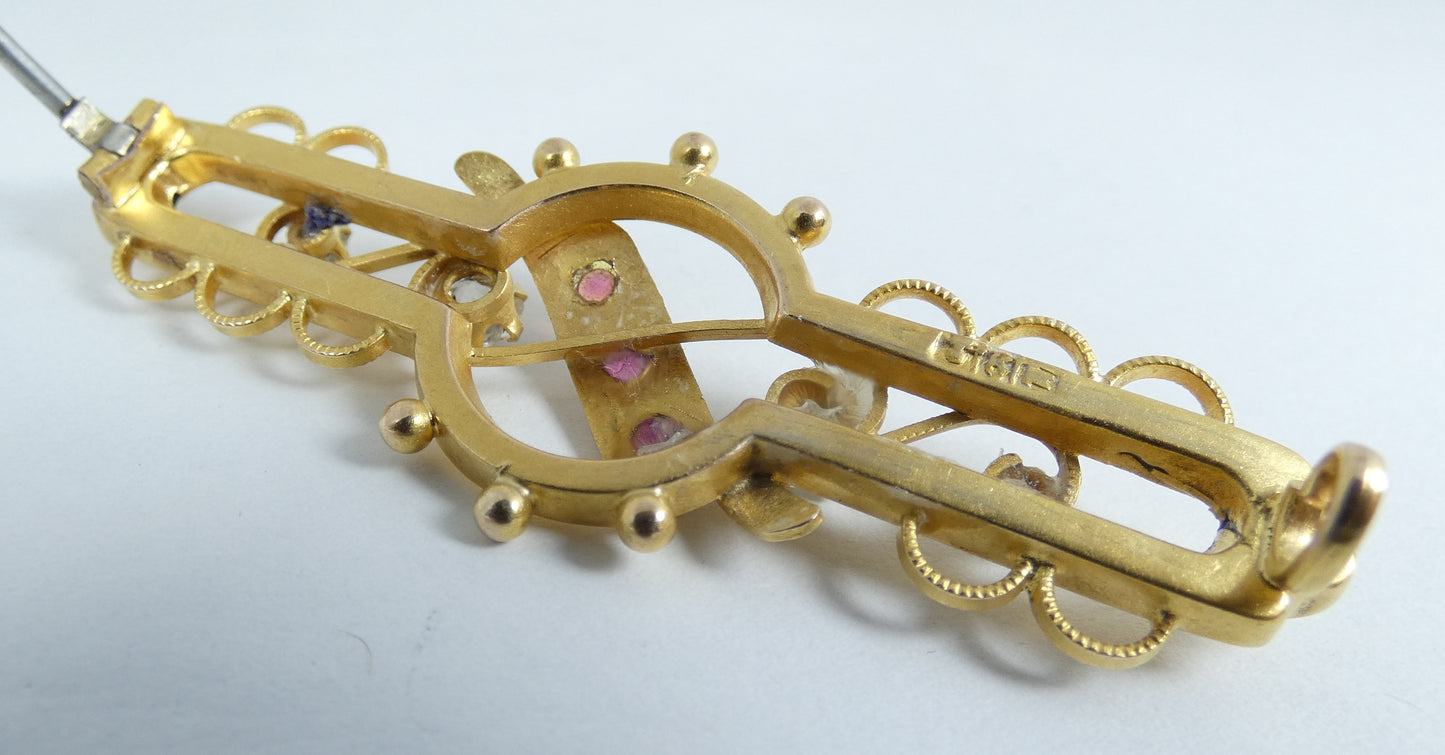 Antique Edwardian 1900 Large Solid Matte 9ct Yellow Gold Brooch Pin Aronson 375