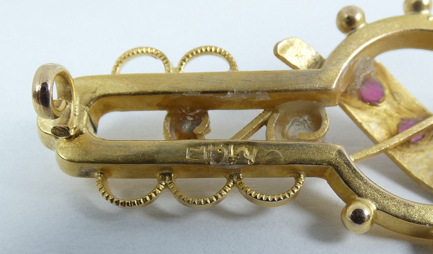 Antique Edwardian 1900 Large Solid Matte 9ct Yellow Gold Brooch Pin Aronson 375