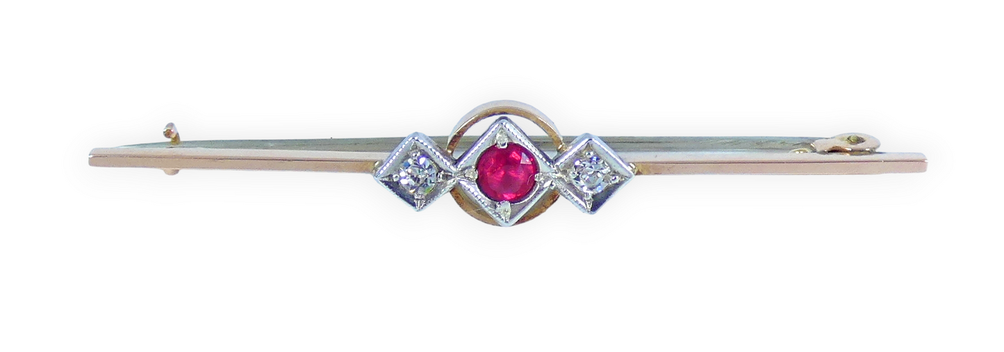 Vintage Solid 9ct Yellow Gold Pink Rubellite Ruby Stone 53mm Bar Brooch Pin 375