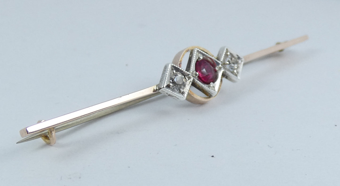 Vintage Solid 9ct Yellow Gold Pink Rubellite Ruby Stone 53mm Bar Brooch Pin 375