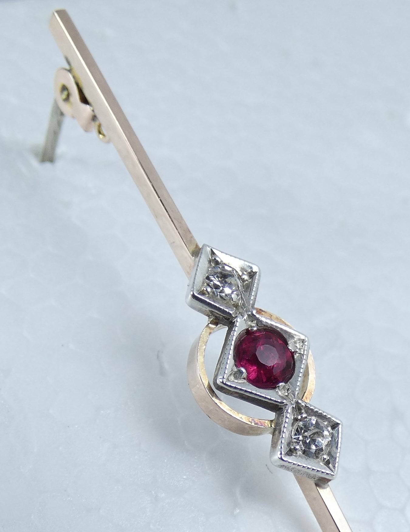 Vintage Solid 9ct Yellow Gold Pink Rubellite Ruby Stone 53mm Bar Brooch Pin 375