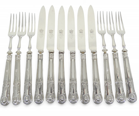 Antique 1933 12pc Sterling Silver Kings Pattern Dessert Cutlery Set Knife Fork