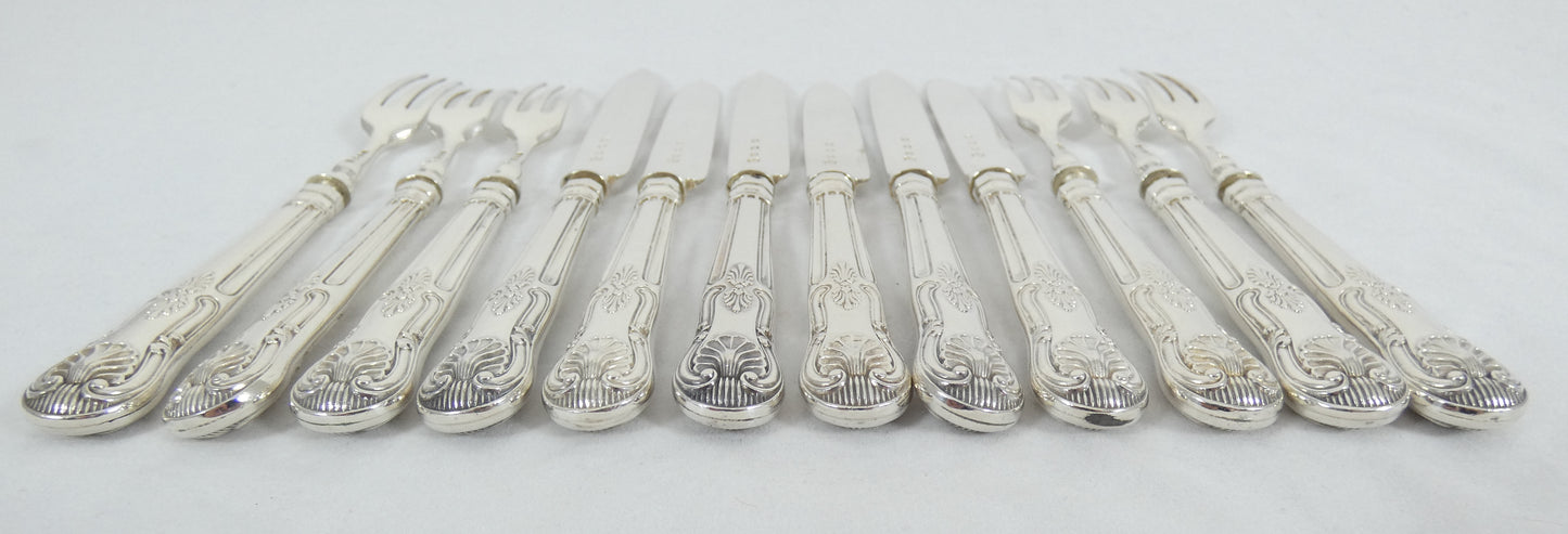 Antique 1933 12pc Sterling Silver Kings Pattern Dessert Cutlery Set Knife Fork