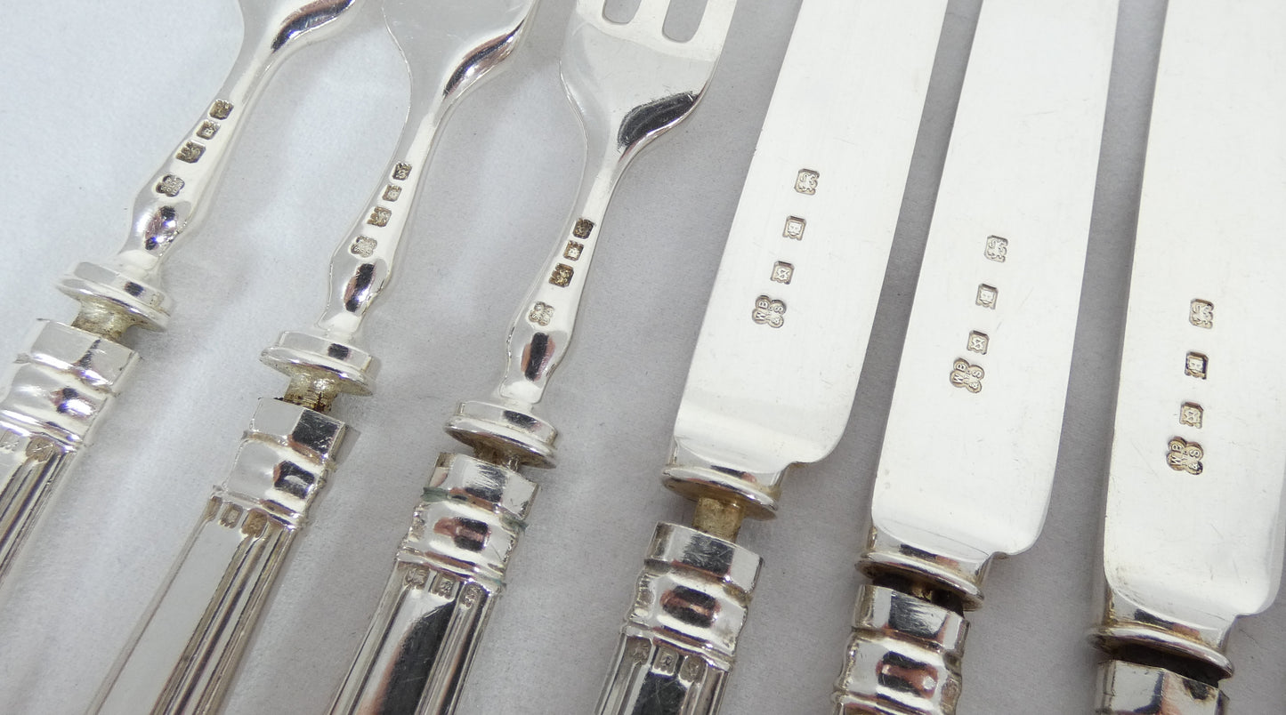 Antique 1933 12pc Sterling Silver Kings Pattern Dessert Cutlery Set Knife Fork