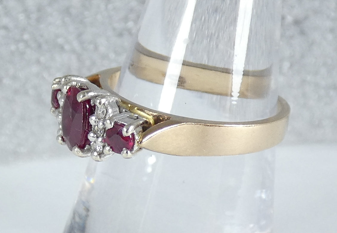 Vintage Solid 9ct Yellow Gold Ruby & Diamond Half Hoop Dress Ring Size 7 N 54