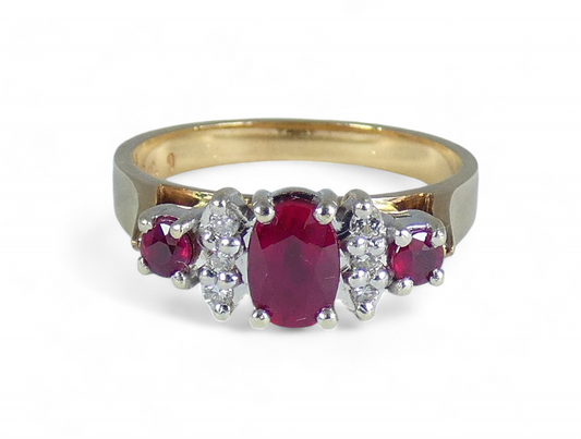 Vintage Solid 9ct Yellow Gold Ruby & Diamond Half Hoop Dress Ring Size 7 N 54