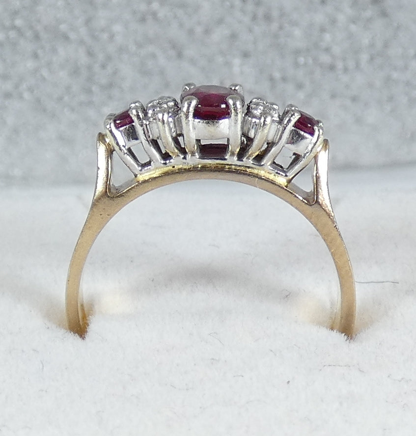 Vintage Solid 9ct Yellow Gold Ruby & Diamond Half Hoop Dress Ring Size 7 N 54